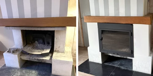 Rénovation cheminée avec porte vitrée sur mesure en Gironde